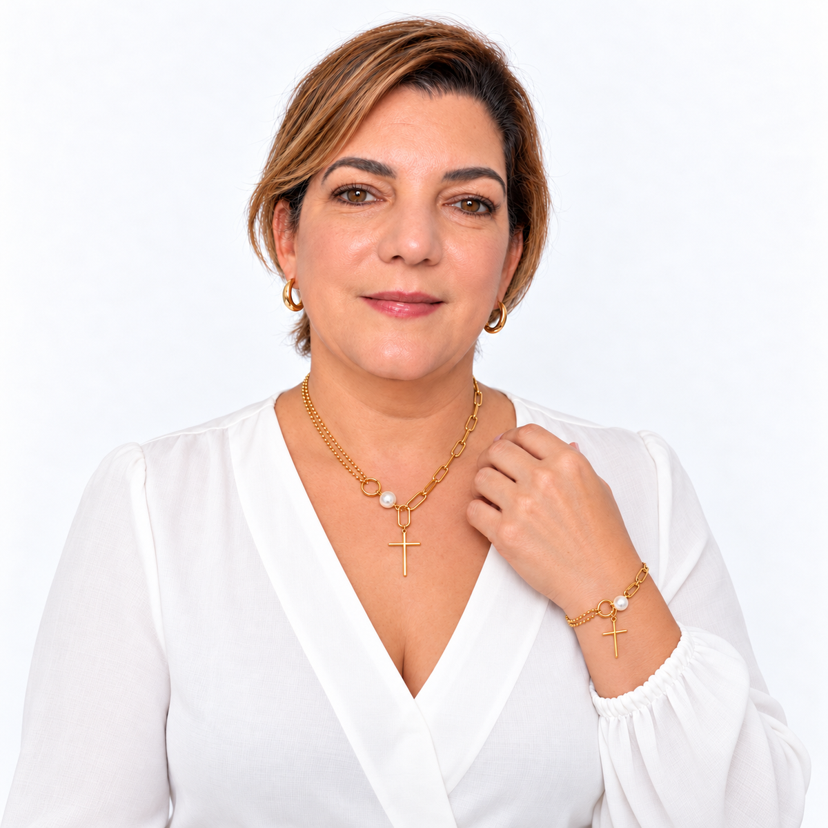 Perla de Fe | Set de collar y pulsera con cruz