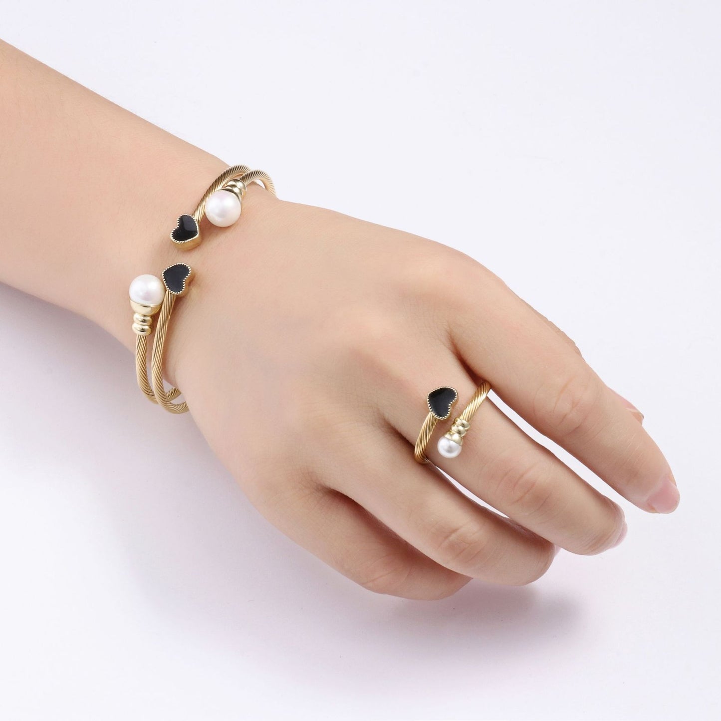 Set corazón negro y perlas | 2 piezas | dorado o plateado