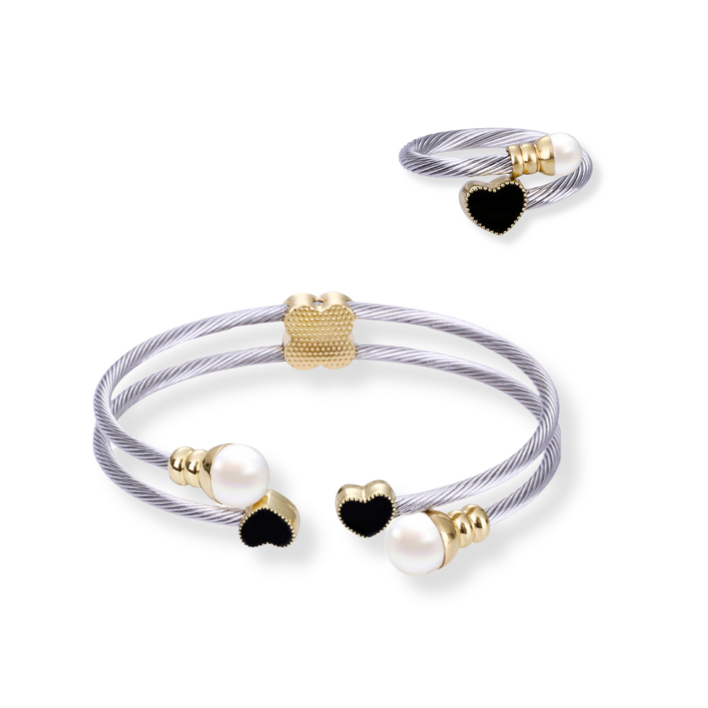 Set corazón negro y perlas | 2 piezas | dorado o plateado