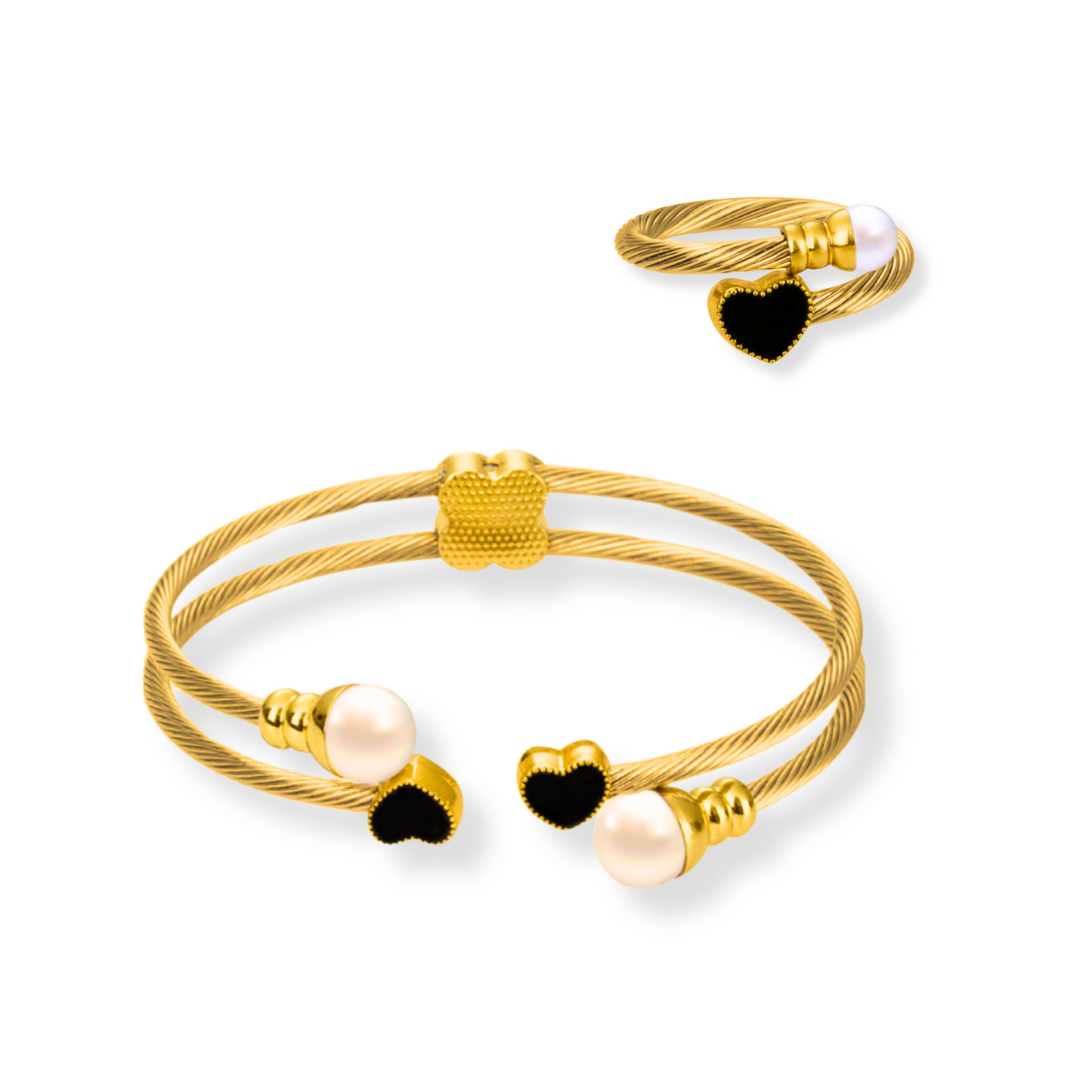 Set corazón negro y perlas | 2 piezas | dorado o plateado