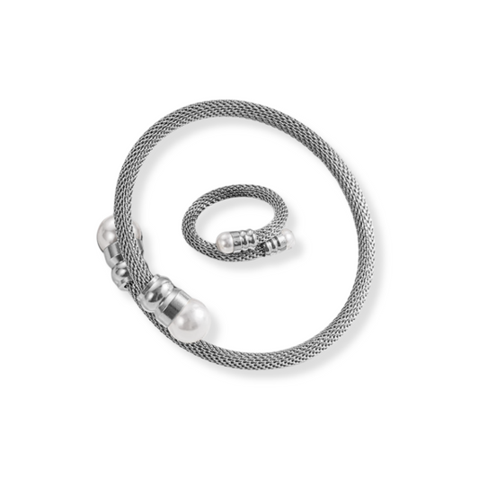 Set bangle y sortija con perlas | 2 piezas