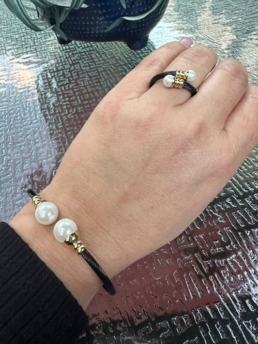 Set Espiral Negro con perlas | 2 piezas