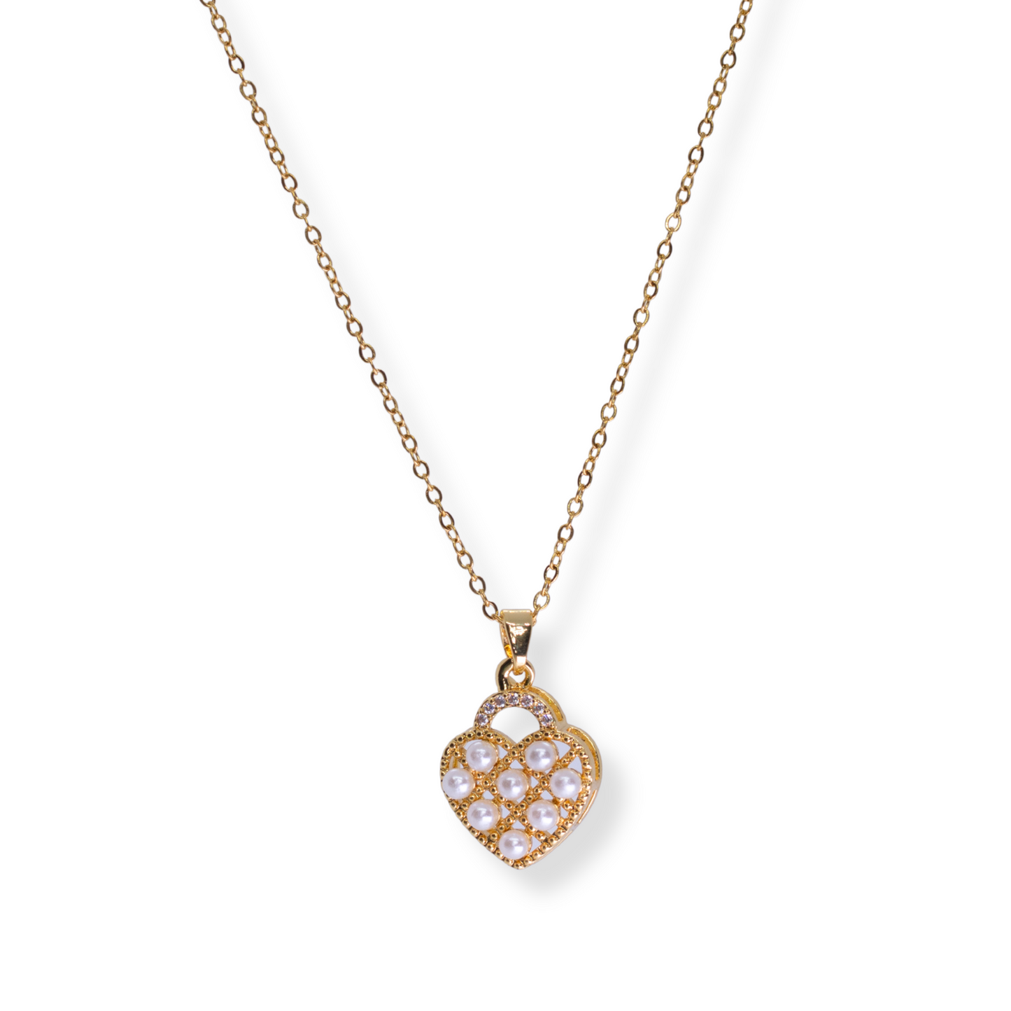 Collar Candado de corazón con perlas y zirconias | dorado