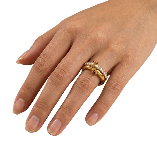 Anillo Dorado con Nudo y Cristales - Set de 3 Bandas