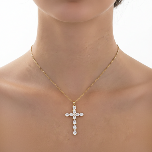 Collar Cruz Cristal Dorado-Acero Inoxidable