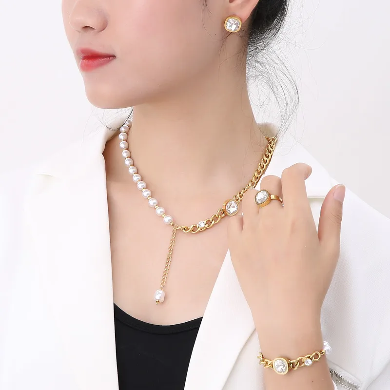 Set mitad cadena, mitad perlas | zirconias | 4 piezas| Acero Inoxidable