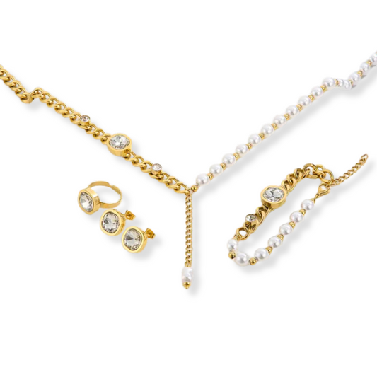 Set mitad cadena, mitad perlas | zirconias | 4 piezas