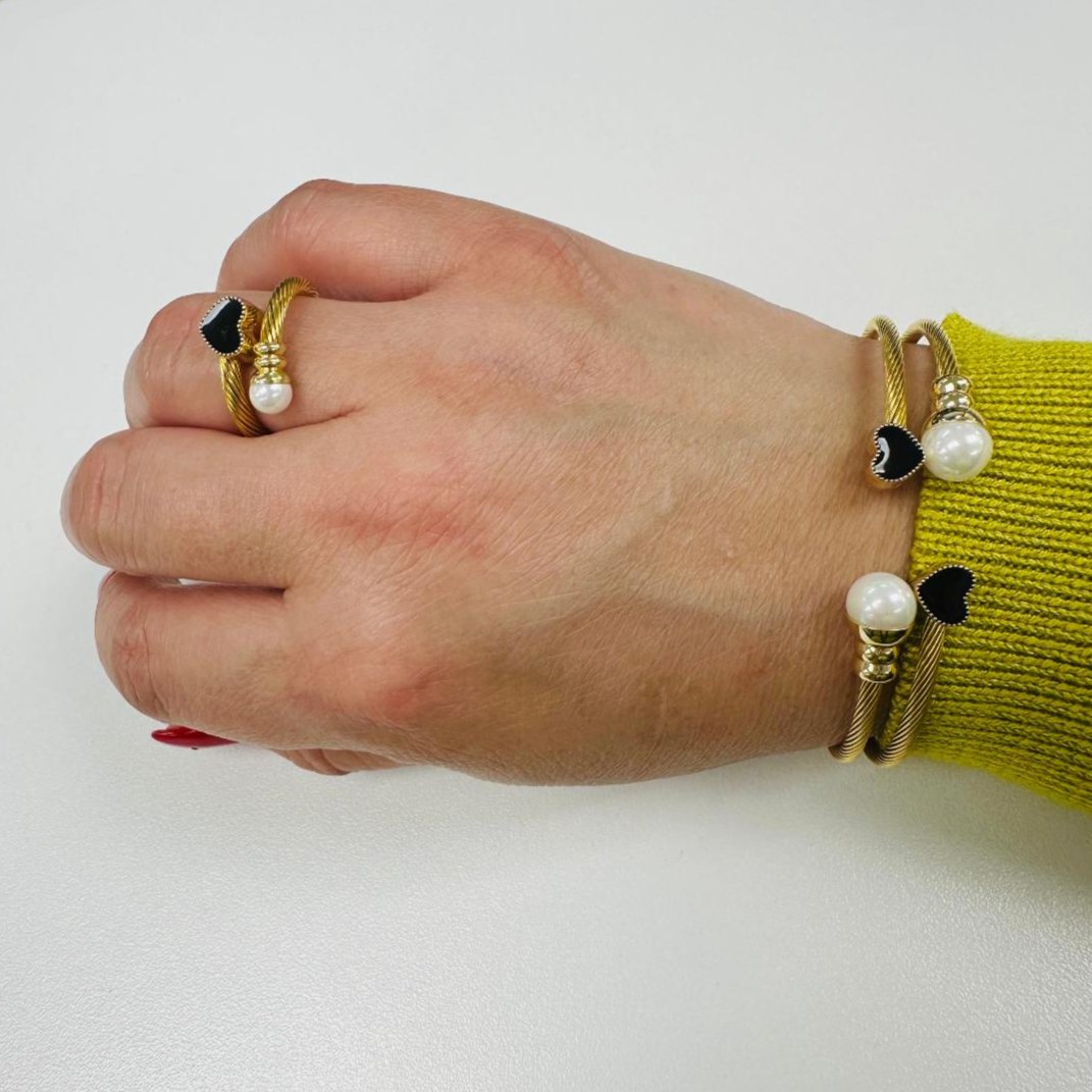 Set corazón negro y perlas | 2 piezas | dorado o plateado