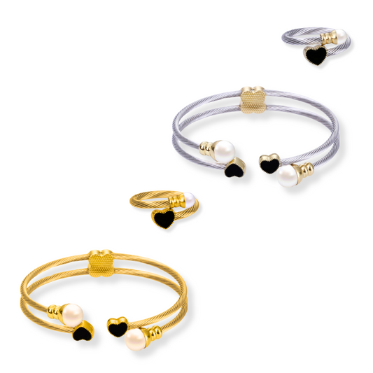 Set corazón negro y perlas | 2 piezas | dorado o plateado