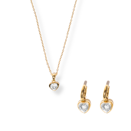 Elegancia Luminosa- Collar Corazón Luminoso- Aretes Corazón Luminoso -Bangle Dorado de Corazones