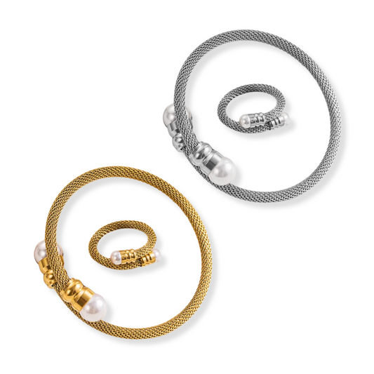 Set bangle y sortija con perlas | 2 piezas