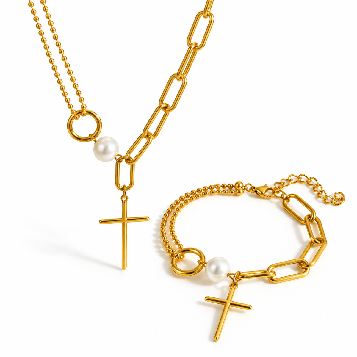 Perla de Fe | Set de collar y pulsera con cruz