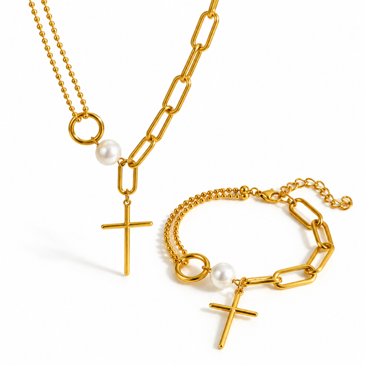 Perla de Fe | Set de collar y pulsera con cruz