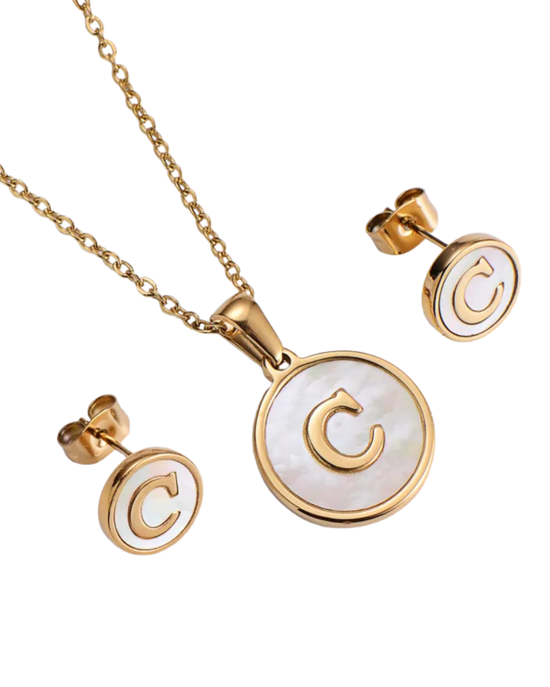 Set Cadena y Aretes con Inicial | Dorado - Acero Inoxidable