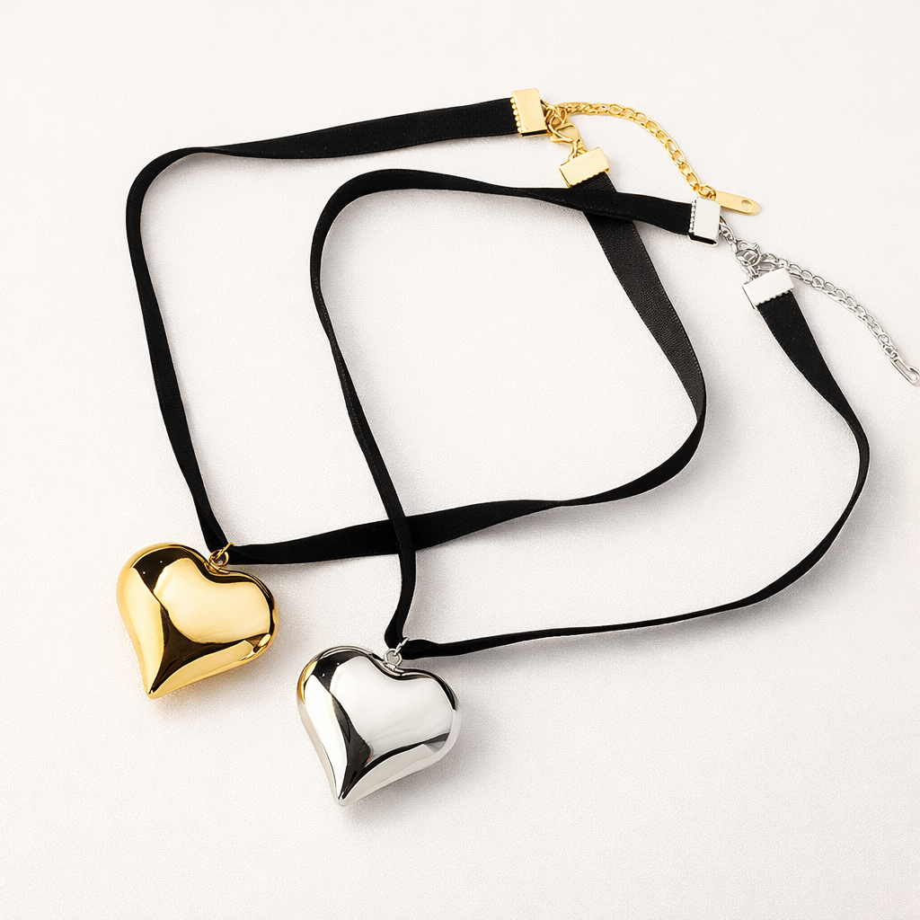Heart Shape Necklace | Black Ribbon | Gold and Silver