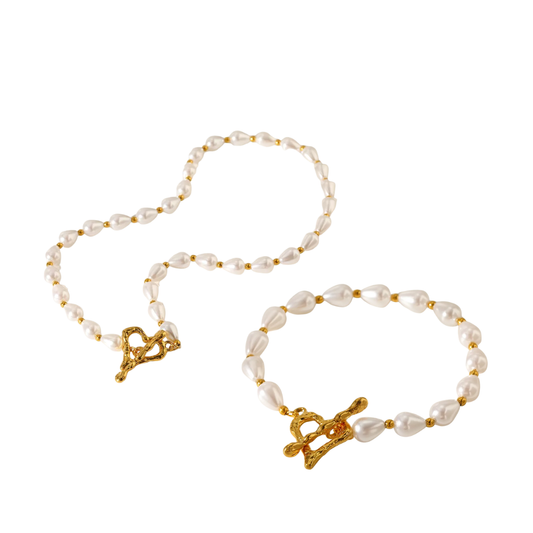 Pearl Heart Set | Necklace and Bracelet | Gold