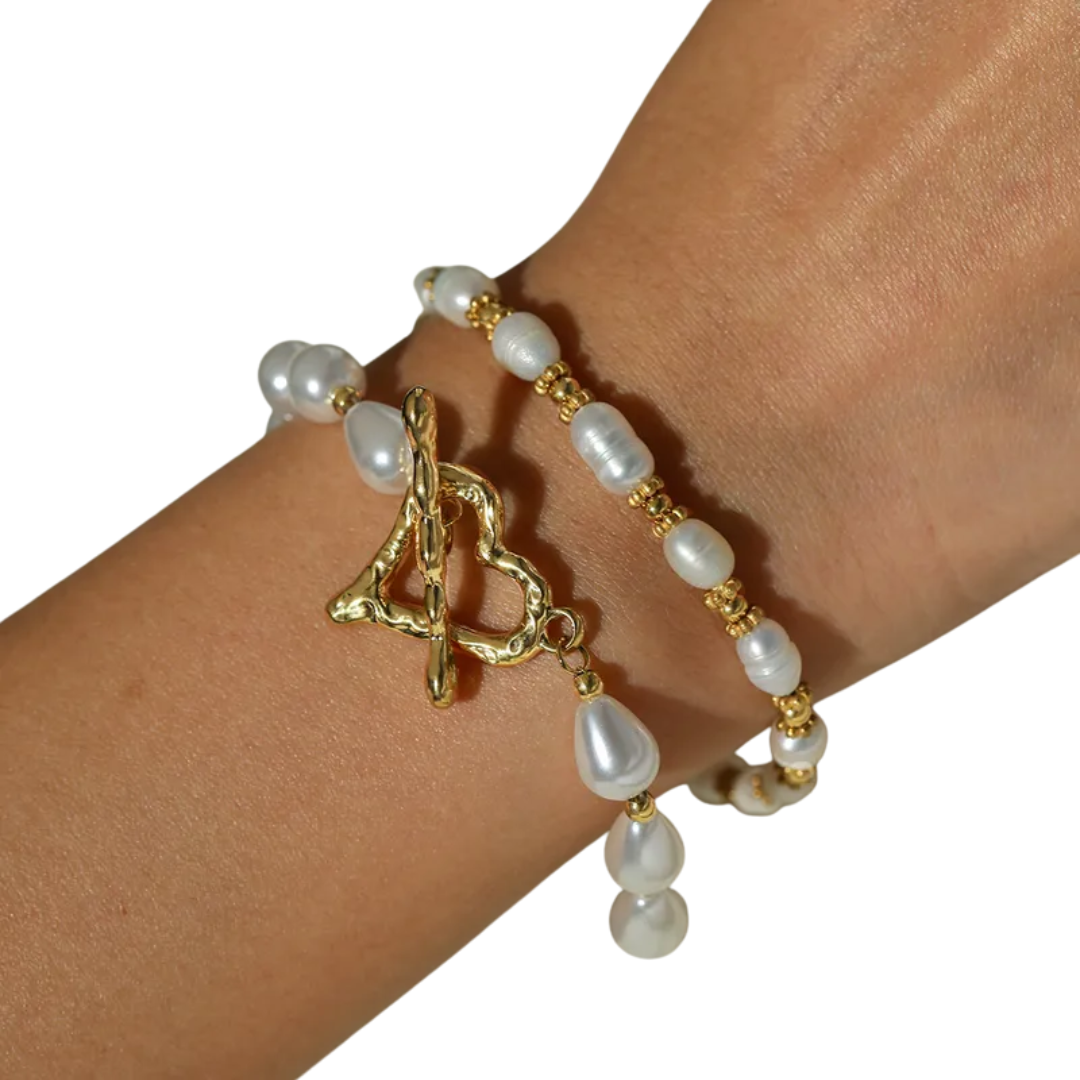 Pearl Heart Set | Necklace and Bracelet | Gold