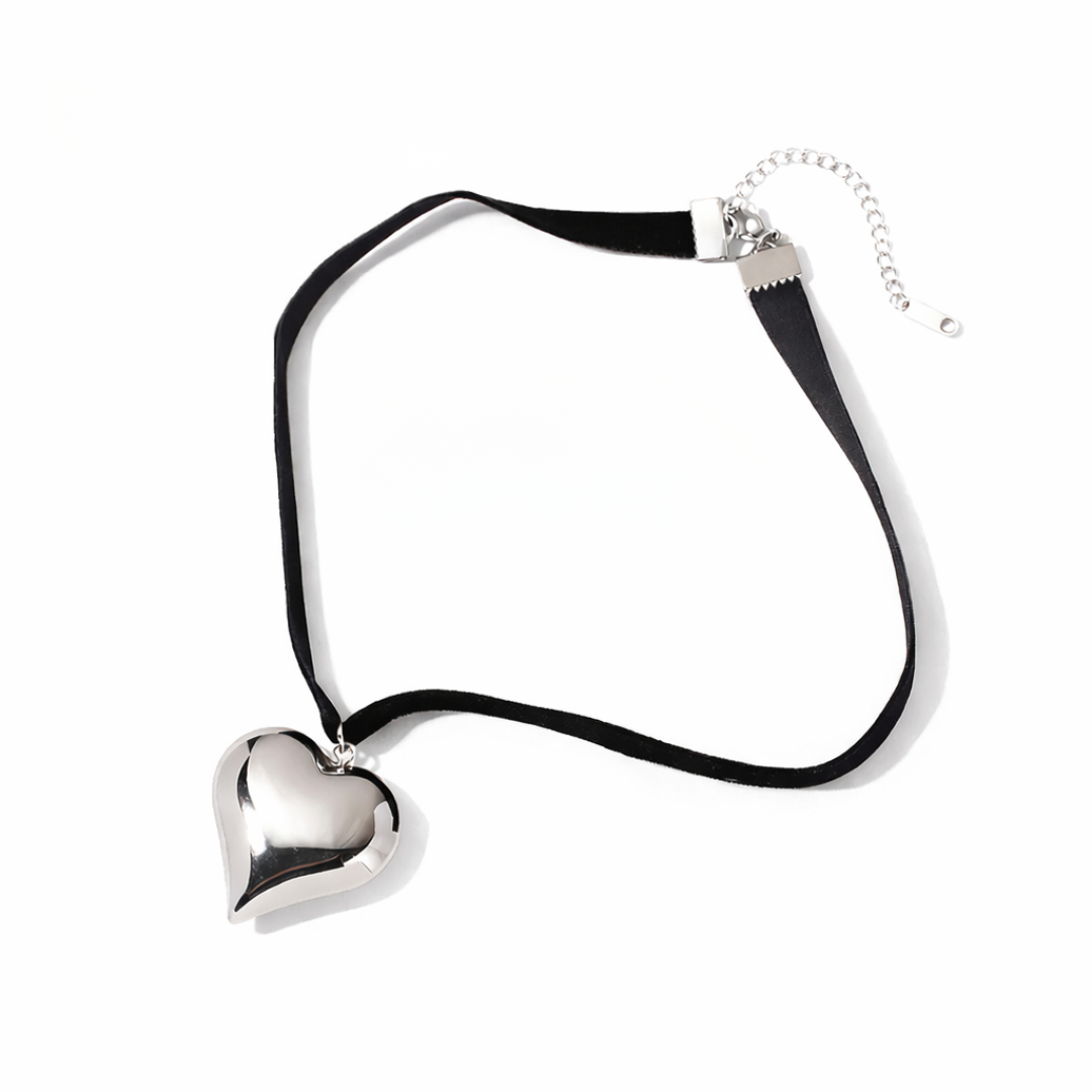 Heart Shape Necklace | Black Ribbon | Gold and Silver