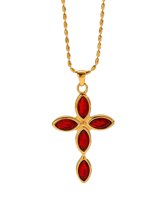 Collar Cruz Cristal Rojo Dorado- Acero Inoxidable