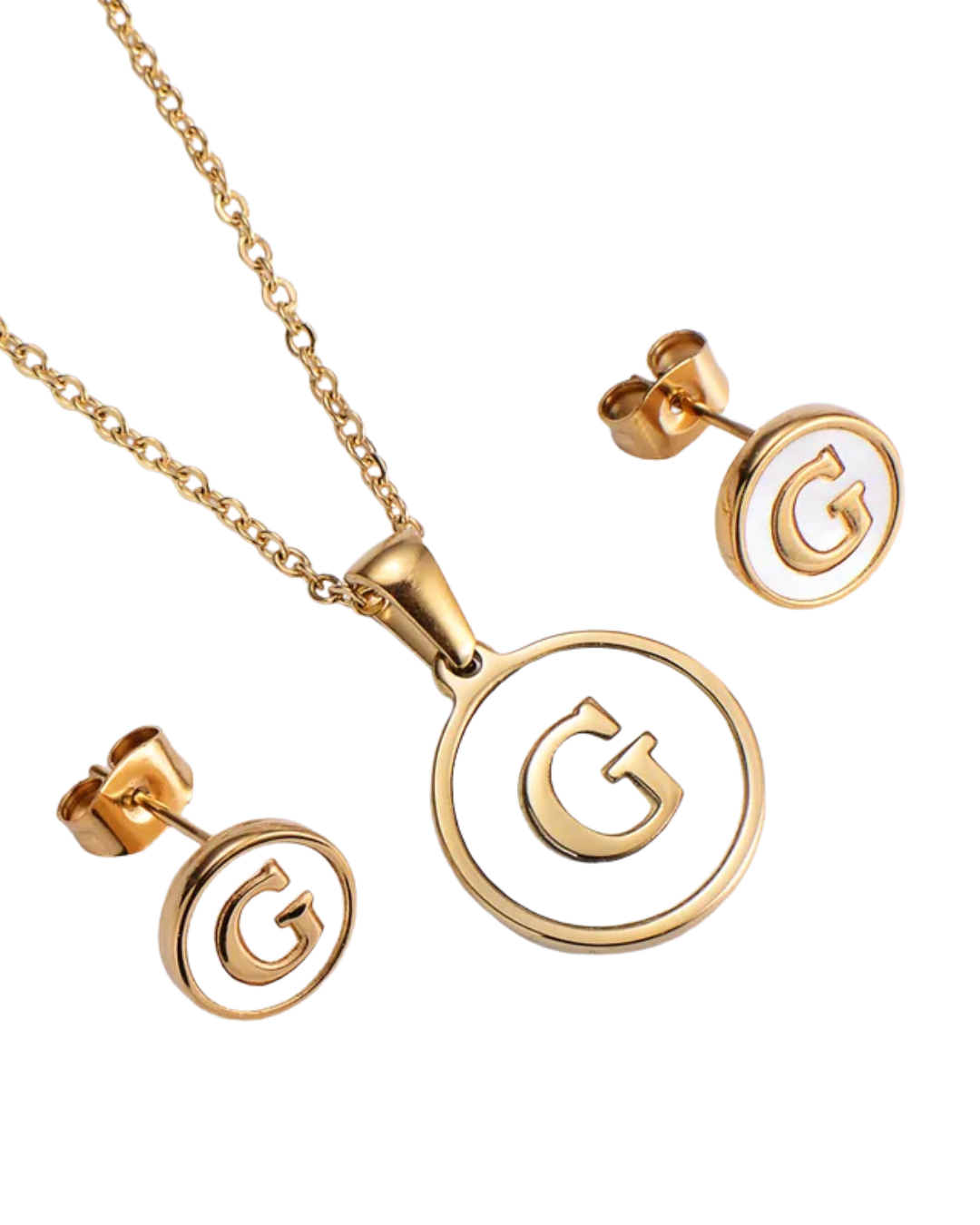 Set Cadena y Aretes con Inicial | Dorado - Acero Inoxidable