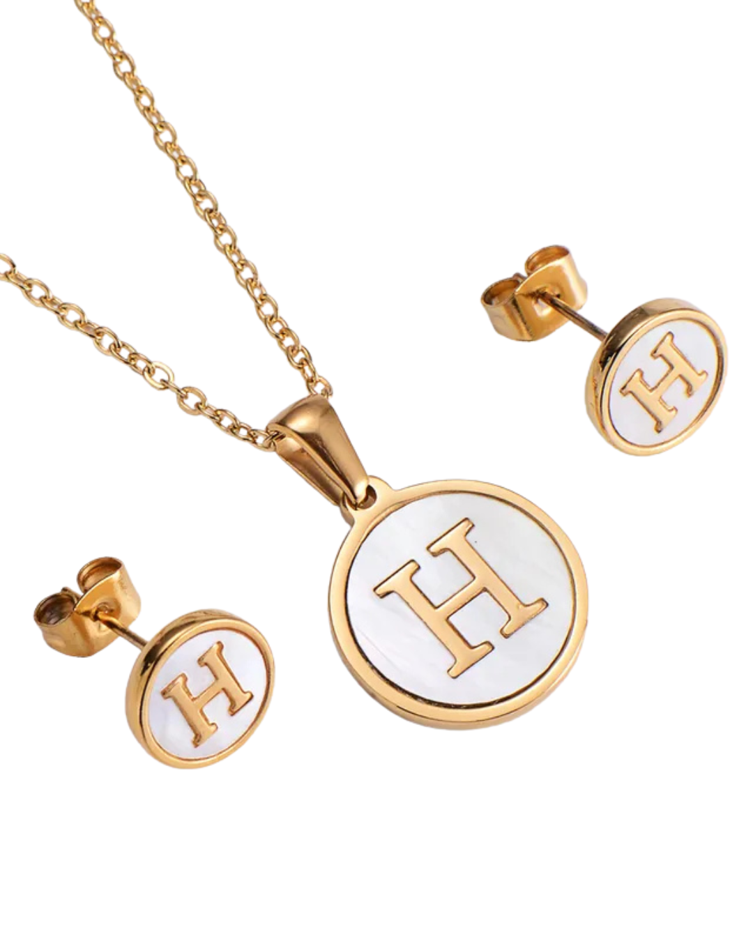 Set Cadena y Aretes con Inicial | Dorado - Acero Inoxidable