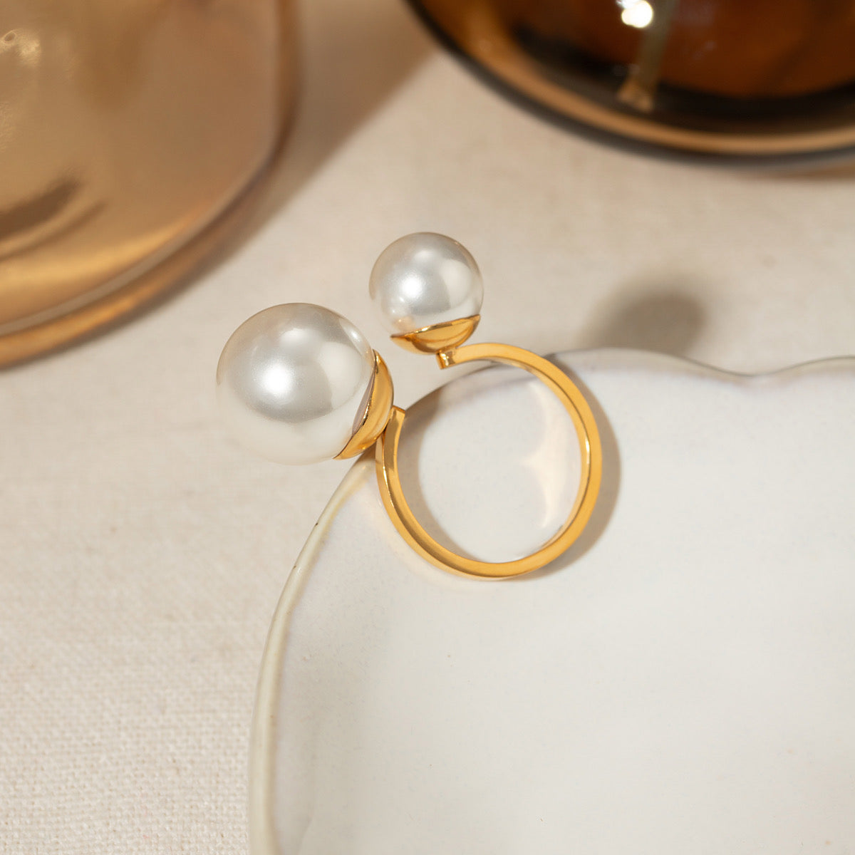 Anillo Abierto de Perlas Dobles