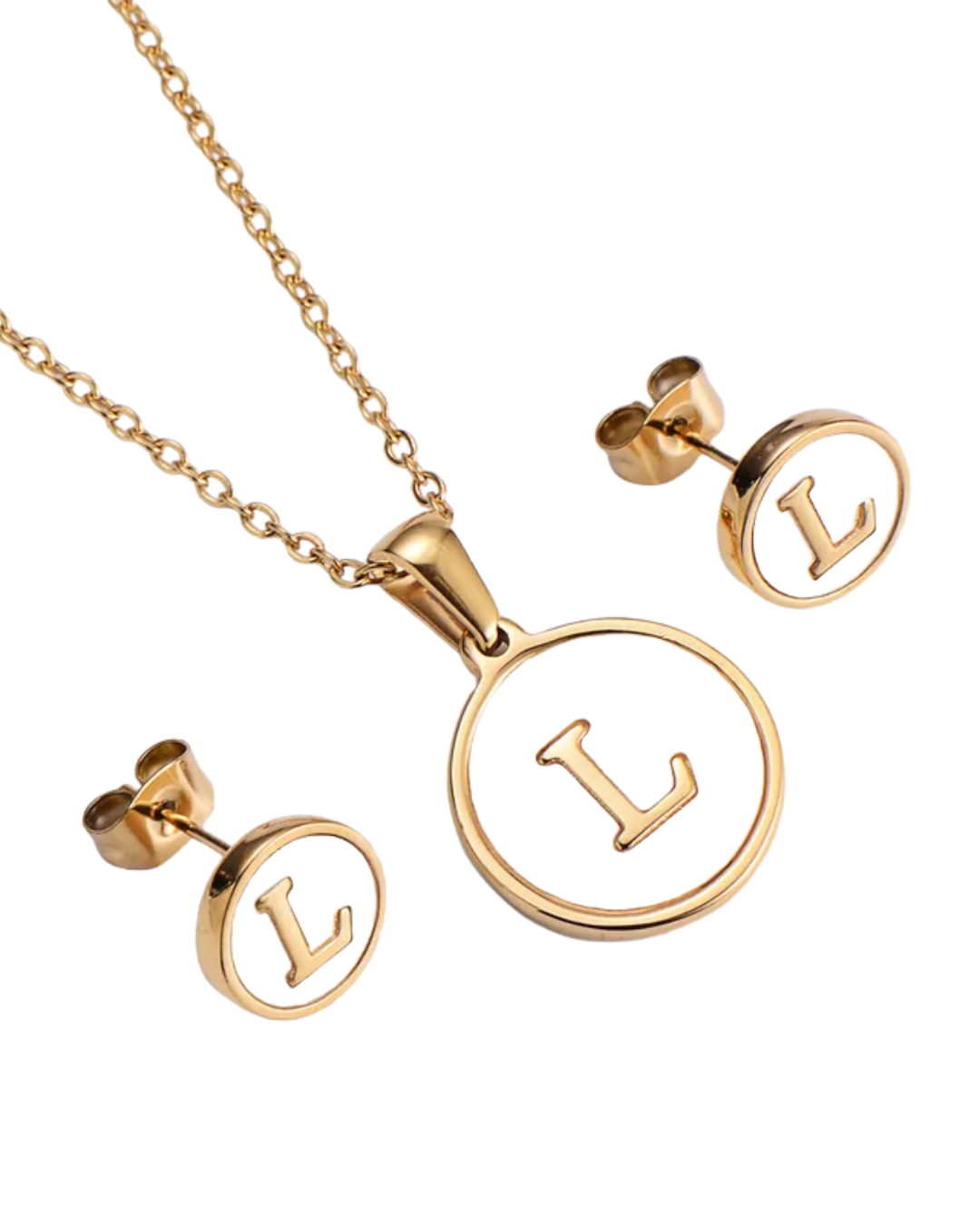 Set Cadena y Aretes con Inicial | Dorado - Acero Inoxidable