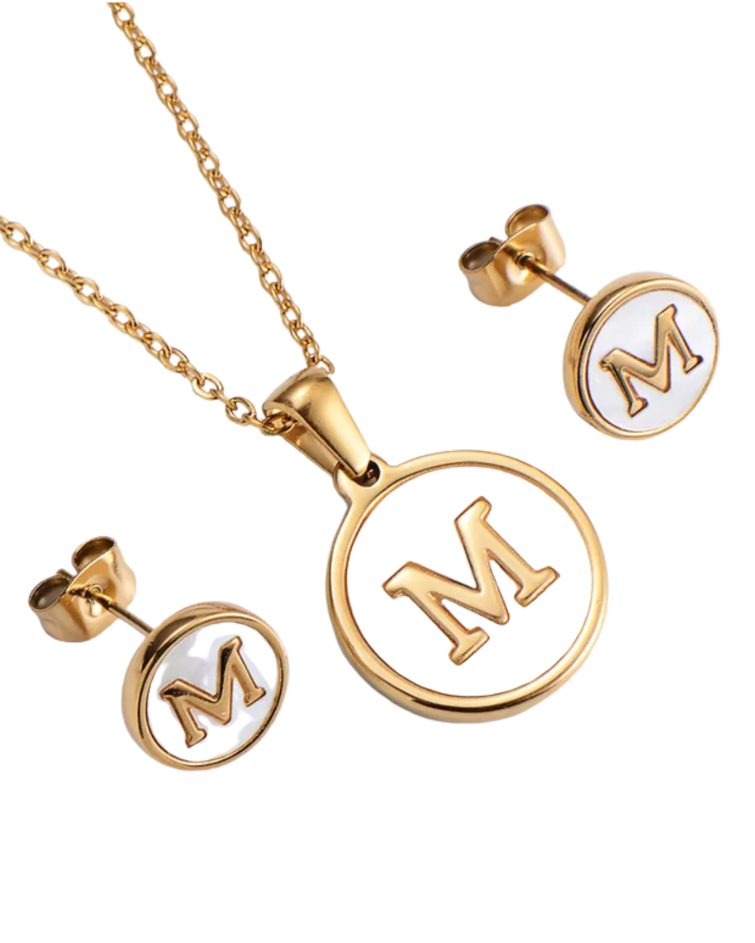 Set Cadena y Aretes con Inicial | Dorado - Acero Inoxidable