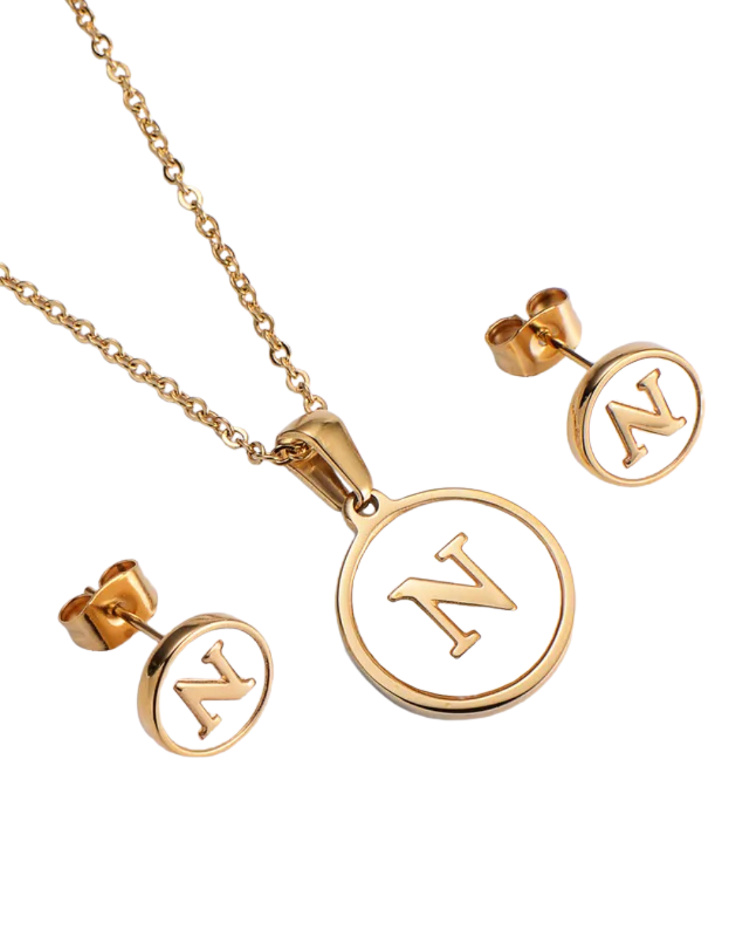 Set Cadena y Aretes con Inicial | Dorado - Acero Inoxidable