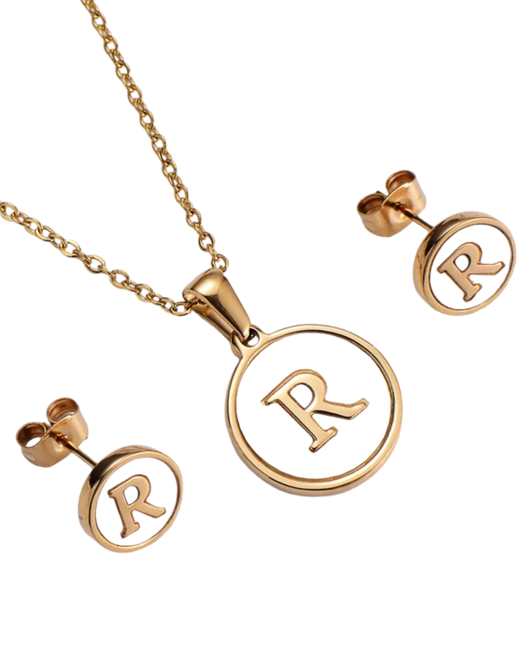 Set Cadena y Aretes con Inicial | Dorado - Acero Inoxidable