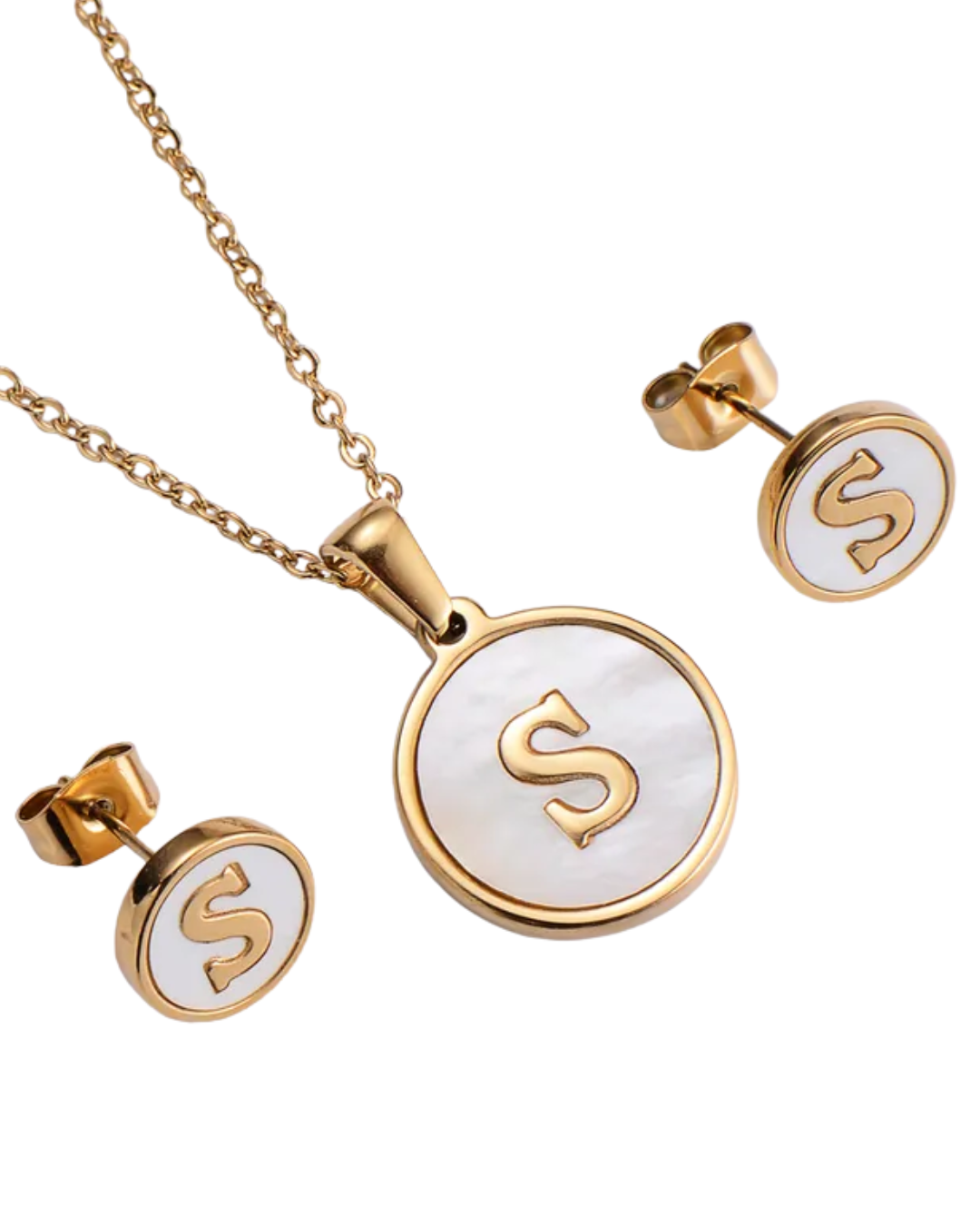 Set Cadena y Aretes con Inicial | Dorado - Acero Inoxidable