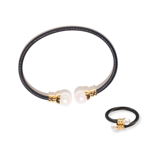 Set Espiral Negro con perlas | 2 piezas