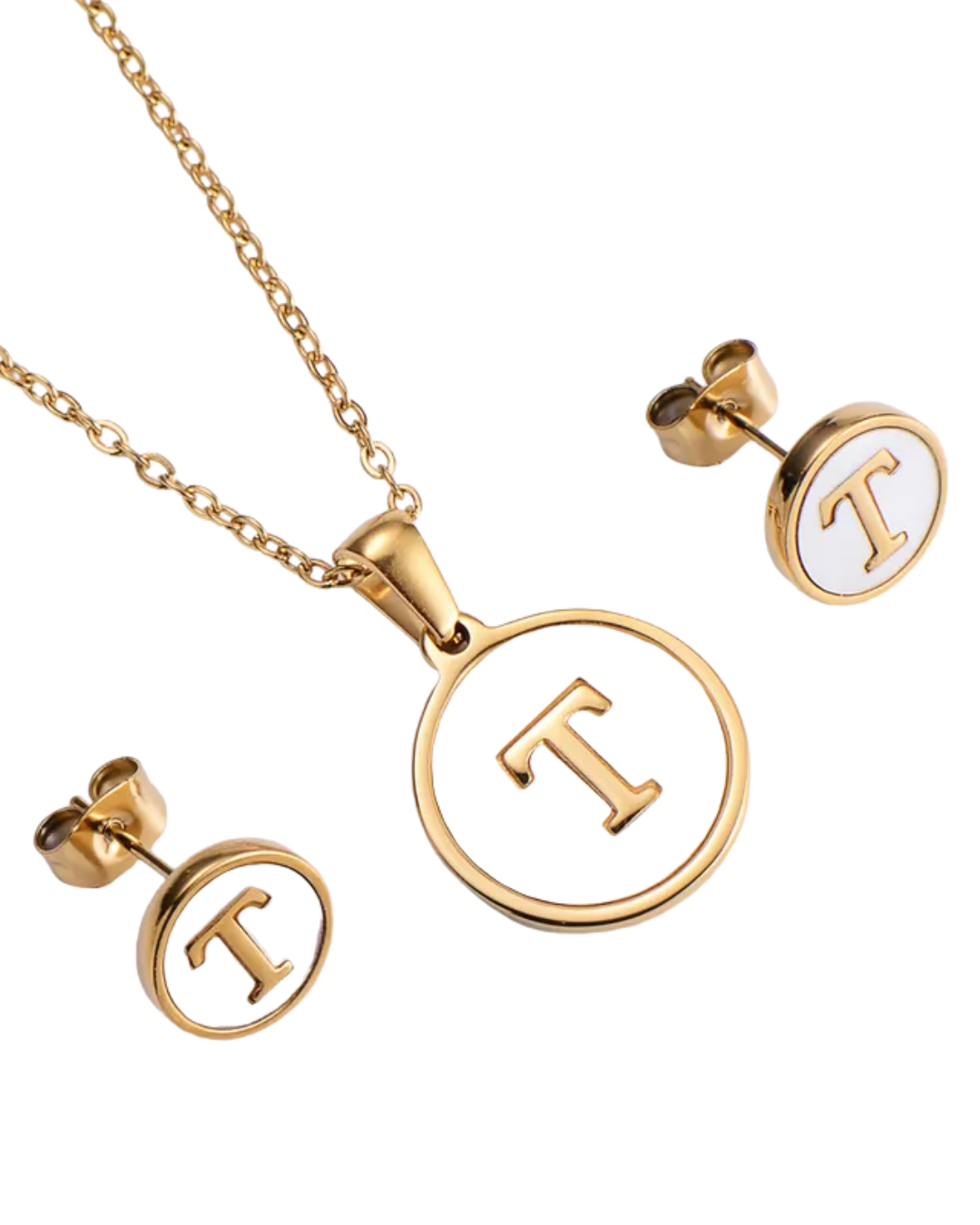 Set Cadena y Aretes con Inicial | Dorado - Acero Inoxidable