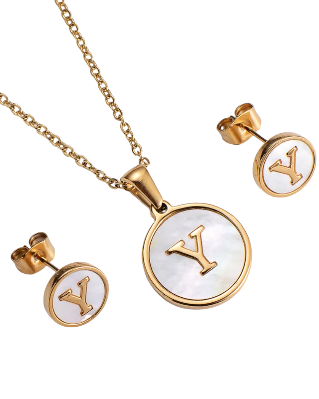 Set Cadena y Aretes con Inicial | Dorado - Acero Inoxidable