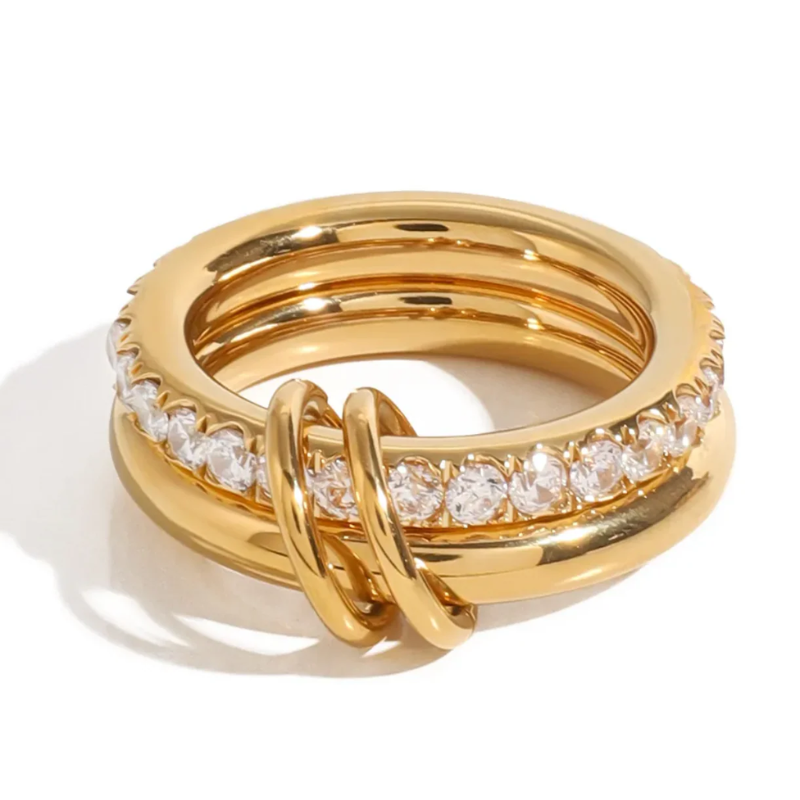 Anillo Dorado con Nudo y Cristales - Set de 3 Bandas
