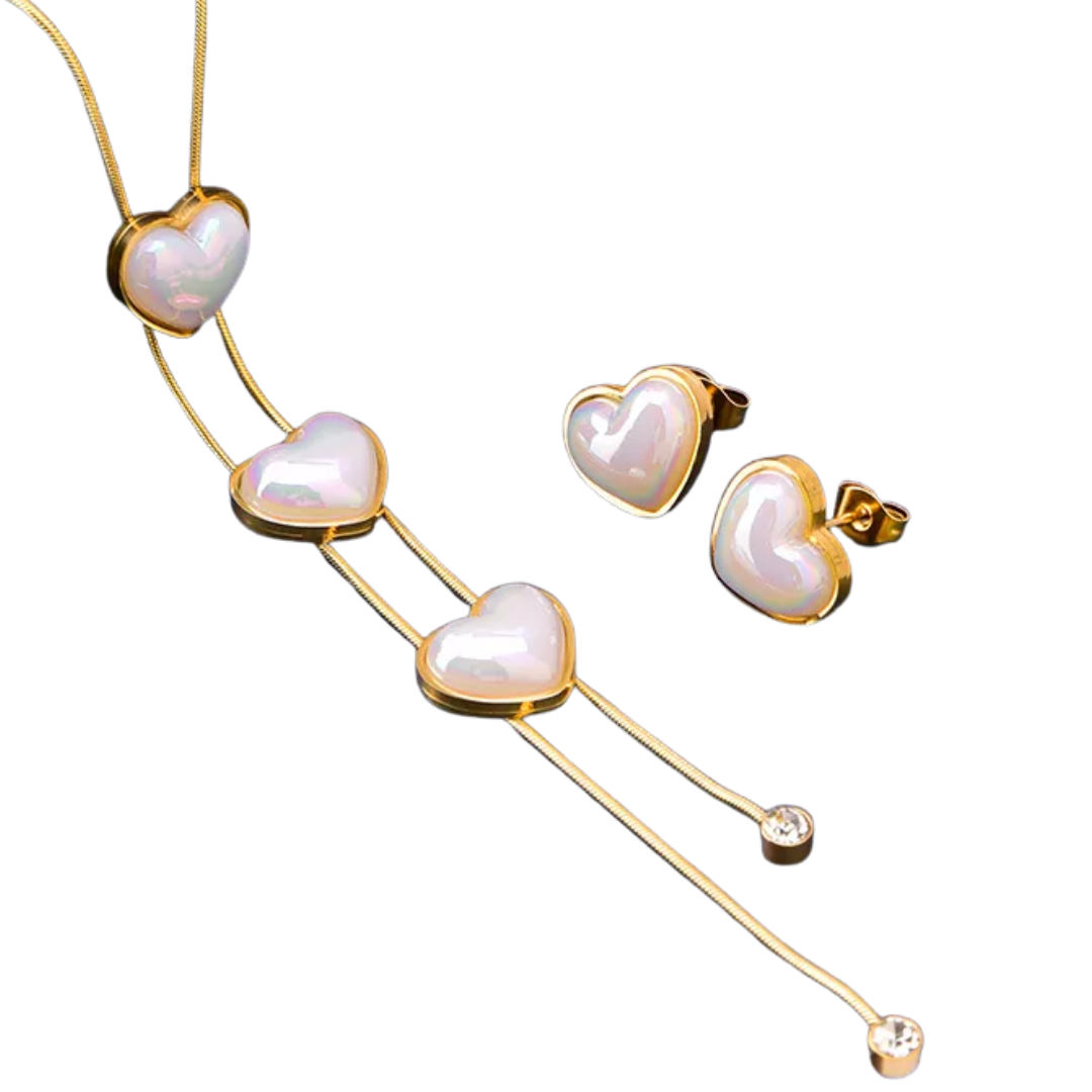 Set of 3 Pearl Hearts | necklace and earrings | gold