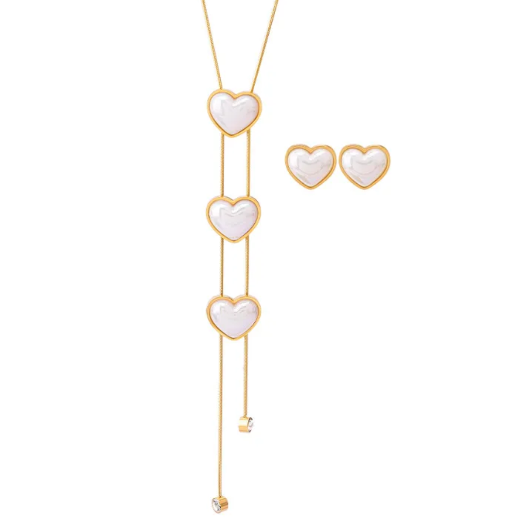 Set of 3 Pearl Hearts | necklace and earrings | gold