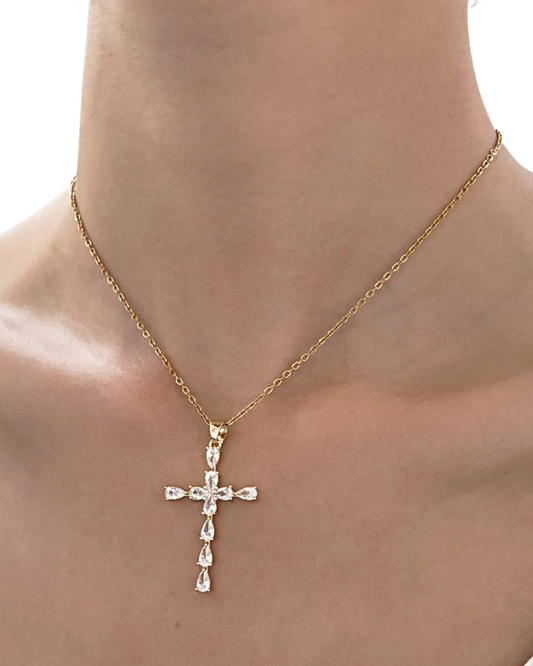 Collar Cruz Cristal Dorado-Acero Inoxidable