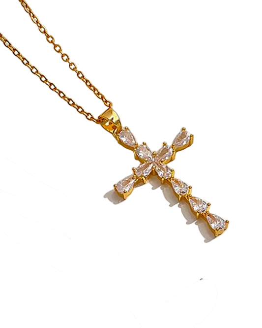 Collar Cruz Cristal Dorado-Acero Inoxidable