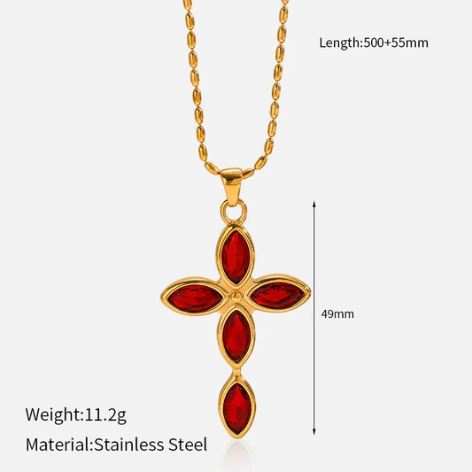 Collar Cruz Cristal Rojo Dorado- Acero Inoxidable