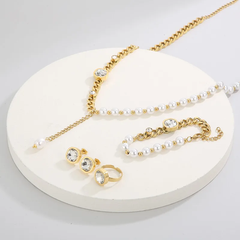 Set mitad cadena, mitad perlas | zirconias | 4 piezas| Acero Inoxidable