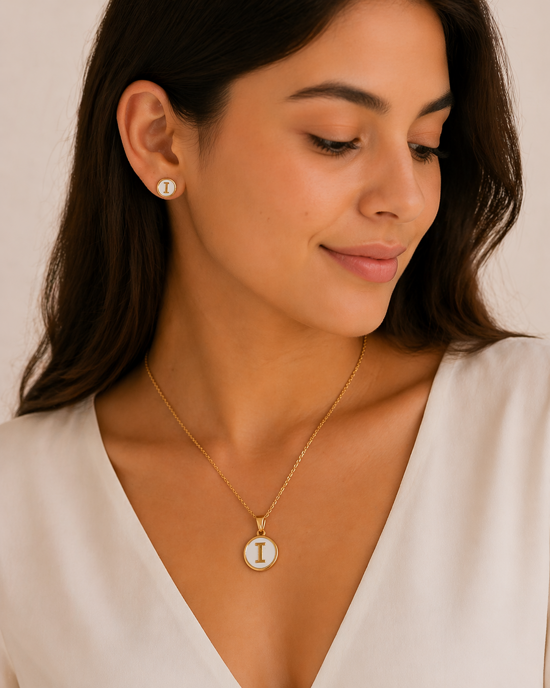 Set Cadena y Aretes con Inicial | Dorado - Acero Inoxidable