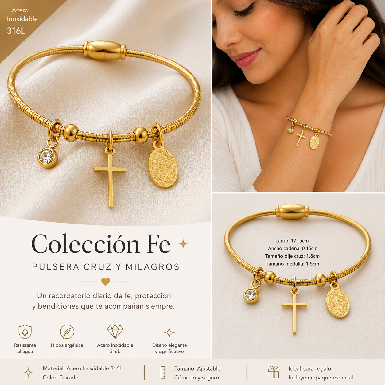 Pulsera Guadalupe de Fe | Acero Inoxidable Baño Oro 18K