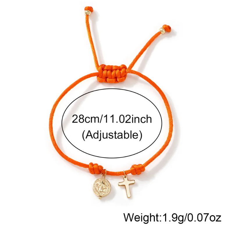 Pulsera  Medalla de San Benito y Cruz -  Hilo Naranja