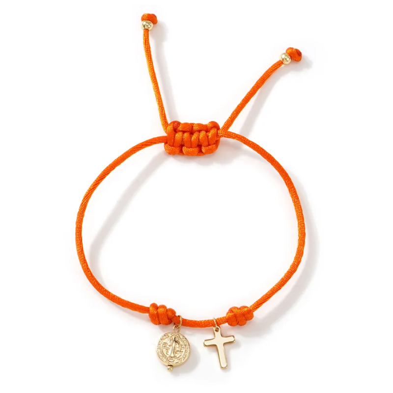 Pulsera  Medalla de San Benito y Cruz -  Hilo Naranja