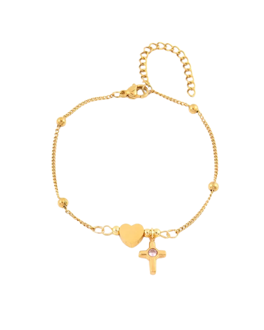 Pulsera Cruz Corazón con Zirconia | Acero Inoxidable con Baño Oro