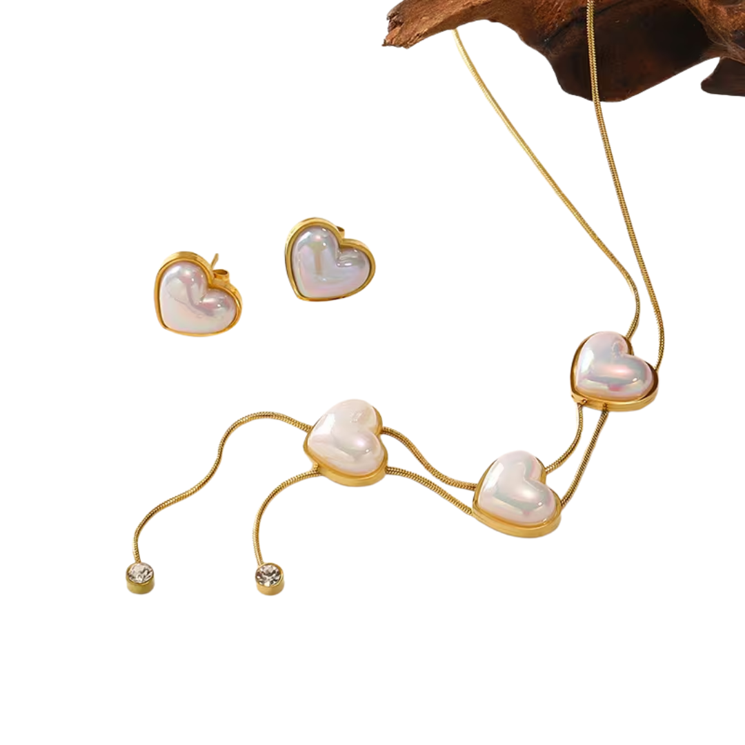 Set of 3 Pearl Hearts | necklace and earrings | gold