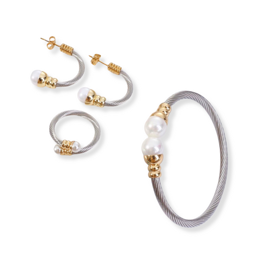 Set espiral con perlas | 3 piezas | doble tono