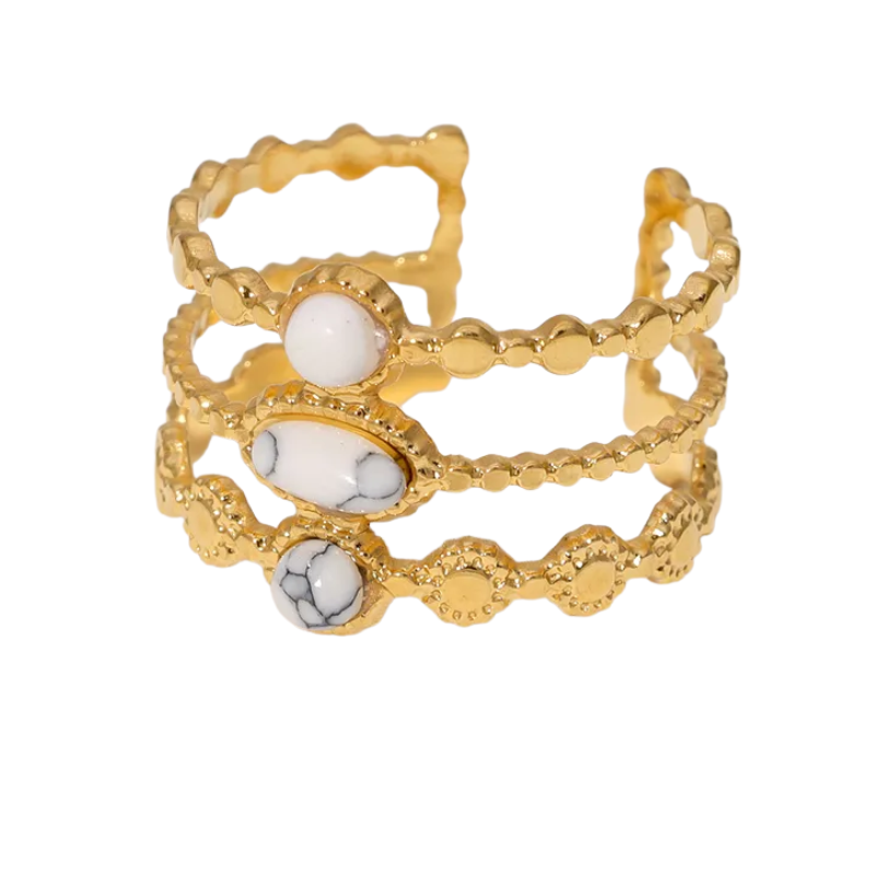 Adjustable Gold Ring with White Stones - 18K Gold