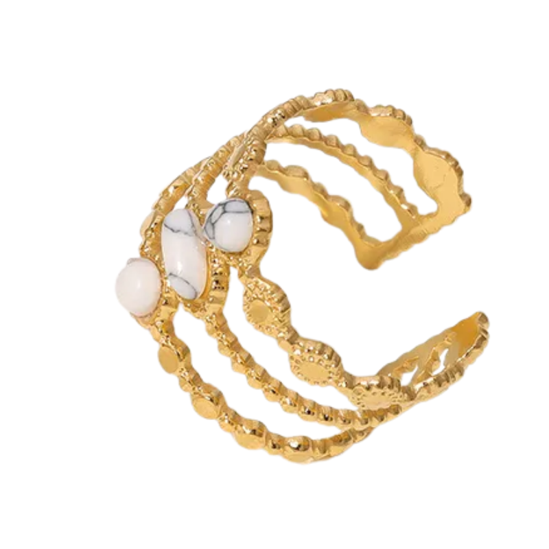 Adjustable Gold Ring with White Stones - 18K Gold